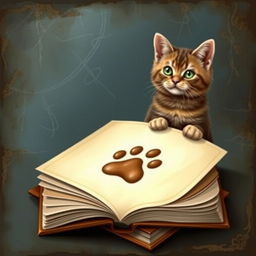 A realistic and artistic rendering of a book cover featuring a prominent cat paw print or a cute, charismatic cat