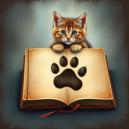 A realistic and artistic rendering of a book cover featuring a prominent cat paw print or a cute, charismatic cat