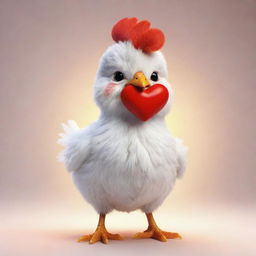 A cute chicken with a vibrant red heart symbol emanating warmth and love