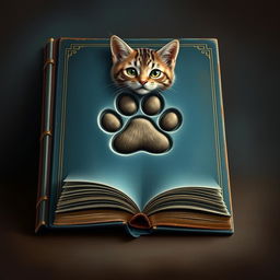 A realistic and artistic rendering of a book cover featuring a prominent cat paw print or a cute, charismatic cat