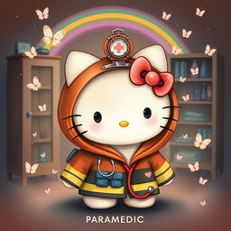 Dreamy dark fantasy watercolor illustration of Hello Kitty wearing a firefighter hoodie