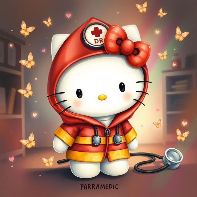 Dreamy dark fantasy watercolor illustration of Hello Kitty wearing a firefighter hoodie