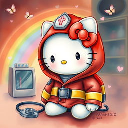 Dreamy dark fantasy watercolor illustration of Hello Kitty wearing a firefighter hoodie