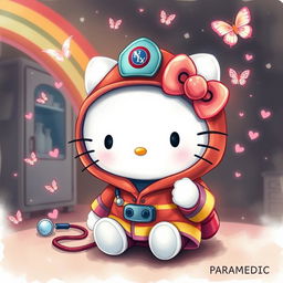 Dreamy dark fantasy watercolor illustration of Hello Kitty wearing a firefighter hoodie