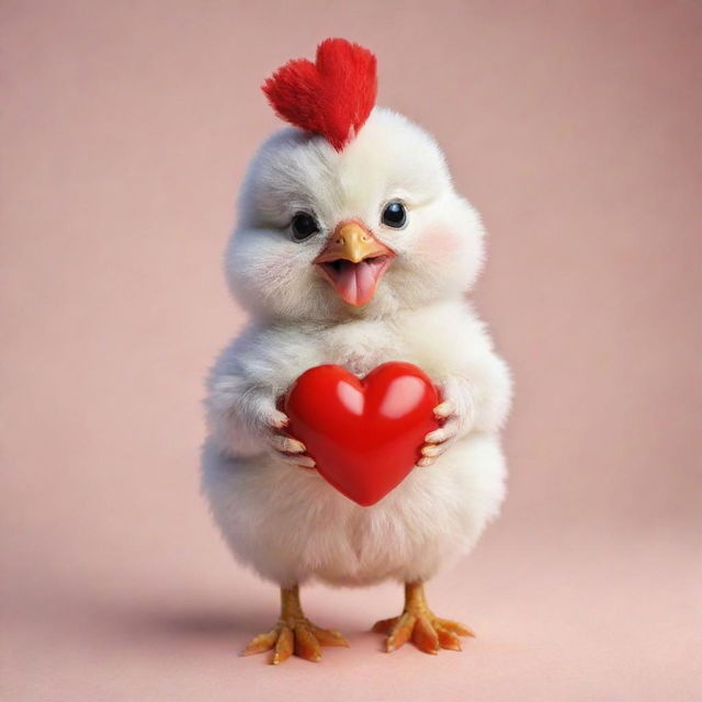 A cute chicken with a vibrant red heart symbol emanating warmth and love