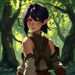 A half-elf ranger with an androgynous appearance, featuring striking gold eyes and sleek black hair