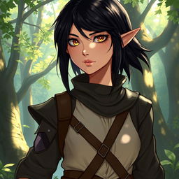 A half-elf ranger with an androgynous appearance, featuring striking gold eyes and sleek black hair