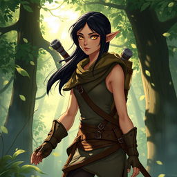 A half-elf ranger with an androgynous appearance, featuring striking gold eyes and sleek black hair