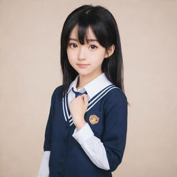 A shy anime girl with black hair wearing a student uniform