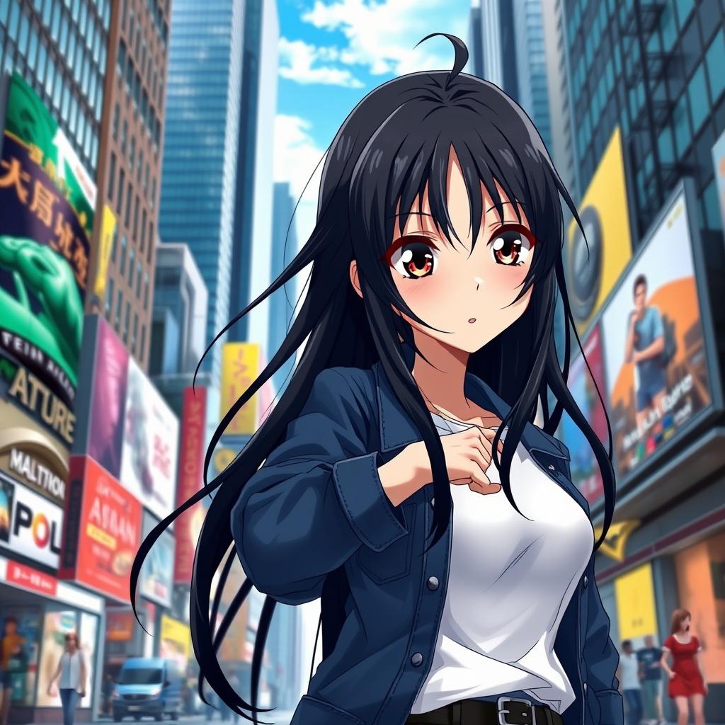 anime girl looking intently at her wristwatch, standing in a bustling city street