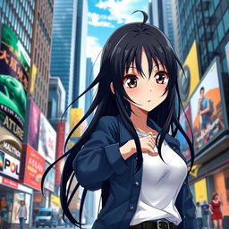 anime girl looking intently at her wristwatch, standing in a bustling city street