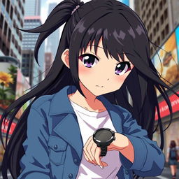 anime girl looking intently at her wristwatch, standing in a bustling city street