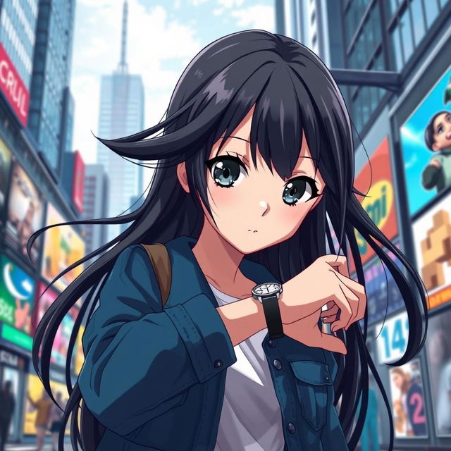 anime girl looking intently at her wristwatch, standing in a bustling city street