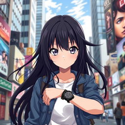 anime girl looking intently at her wristwatch, standing in a bustling city street