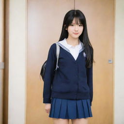 A shy anime girl with black hair wearing a student uniform