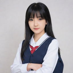 A shy anime girl with black hair wearing a student uniform