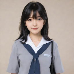 A shy anime girl with black hair wearing a student uniform