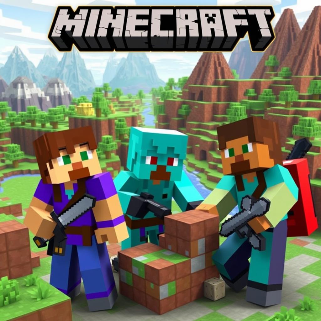 Three characters in a Minecraft world, each with distinct skins representing fantasy adventurers