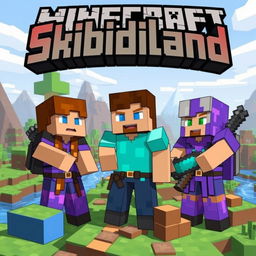 Three characters in a Minecraft world, each with distinct skins representing fantasy adventurers