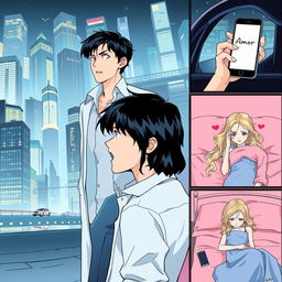 A manga series set in a bustling city at night, featuring the main character, Will, who has black hair, blue eyes, and fair skin