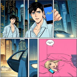 A manga series set in a bustling city at night, featuring the main character, Will, who has black hair, blue eyes, and fair skin