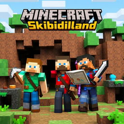 A YouTube thumbnail featuring two men and one woman in a Minecraft survival world, each with unique skins and survival gear