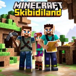 A YouTube thumbnail featuring two men and one woman in a Minecraft survival world, each with unique skins and survival gear