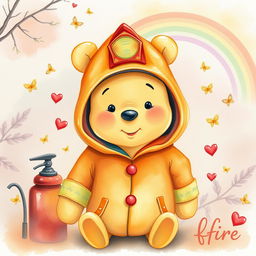 A dreamy and cute fantasy watercolor illustration of Winnie the Pooh, wearing a firefighter hoodie