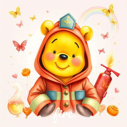 A dreamy and cute fantasy watercolor illustration of Winnie the Pooh, wearing a firefighter hoodie