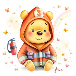 A dreamy and cute fantasy watercolor illustration of Winnie the Pooh, wearing a firefighter hoodie