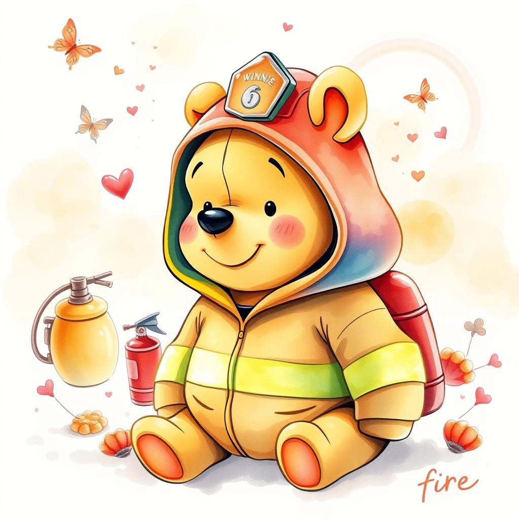 A dreamy and cute fantasy watercolor illustration of Winnie the Pooh, wearing a firefighter hoodie