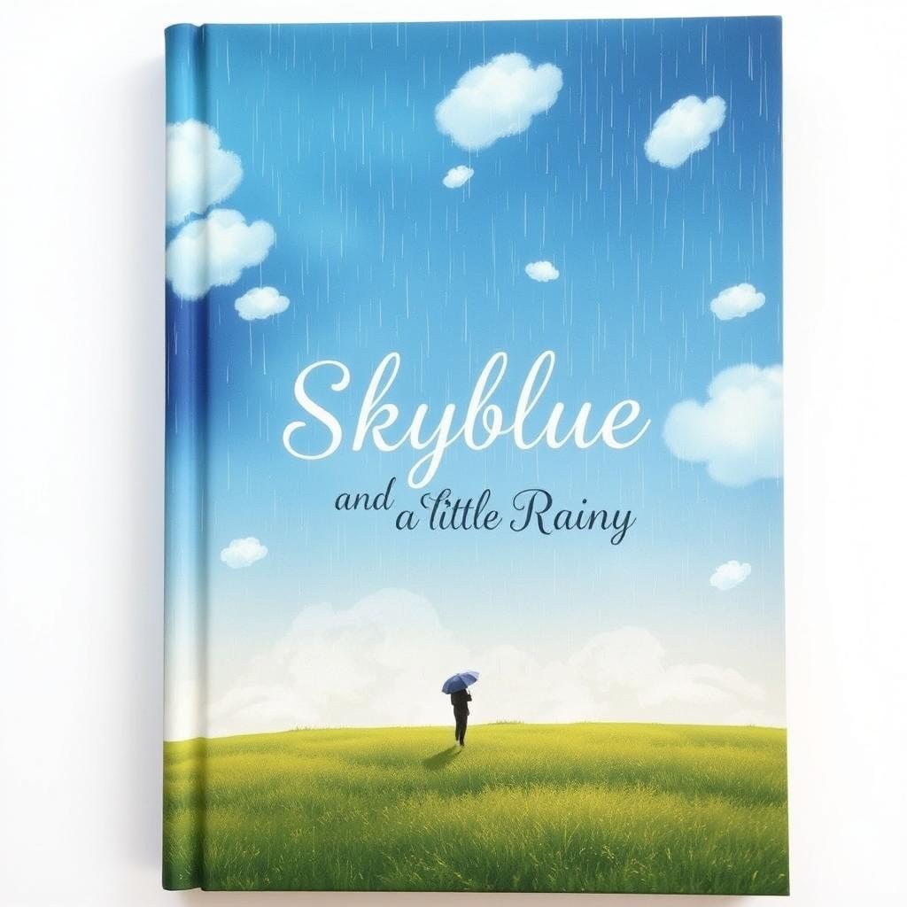 A captivating book cover depicting a vast sky, rich sky blue hues blending with gentle, scattered rain clouds