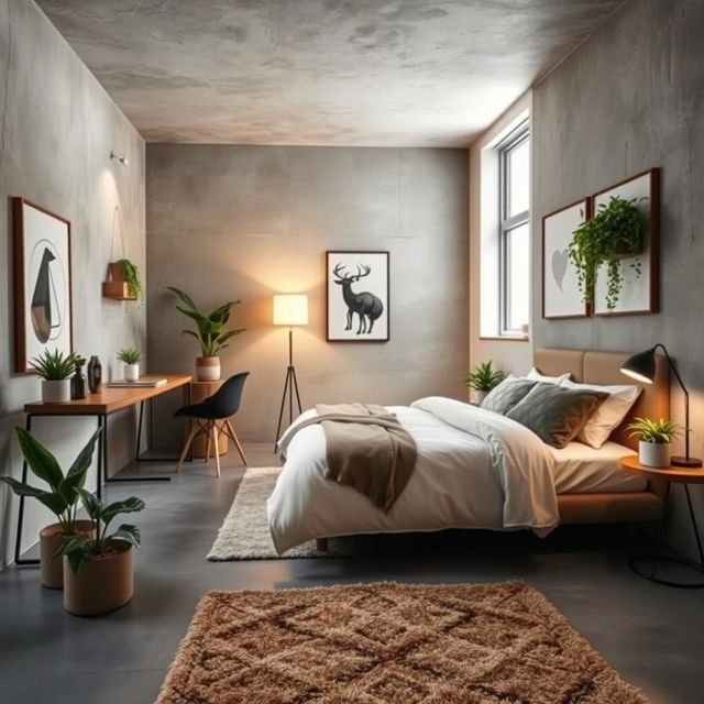 a cozy, modern guest room design, inspired by an industrial theme