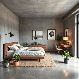 a cozy, modern guest room design, inspired by an industrial theme