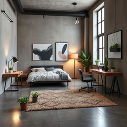 a cozy, modern guest room design, inspired by an industrial theme