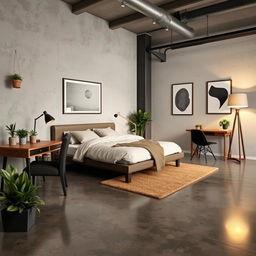 a cozy, modern guest room design, inspired by an industrial theme