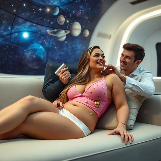 A sexy 38-year-old woman with long chestnut hair and blonde highlights, possessing a stunning 42DD curvy figure, lies comfortably on a sofa in a futuristic room