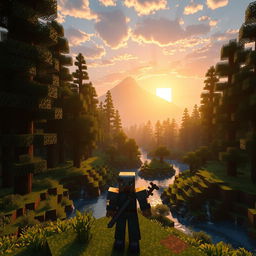 A Minecraft scene depicting a vast forest with towering trees, lush greenery, and a sparkling river running through it