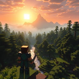 A Minecraft scene depicting a vast forest with towering trees, lush greenery, and a sparkling river running through it