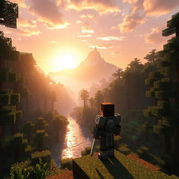 A Minecraft scene depicting a vast forest with towering trees, lush greenery, and a sparkling river running through it