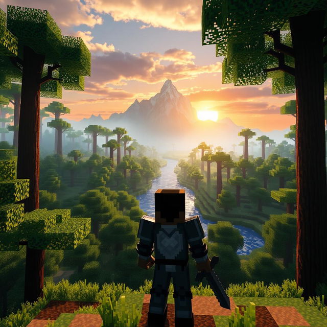 A Minecraft scene depicting a vast forest with towering trees, lush greenery, and a sparkling river running through it