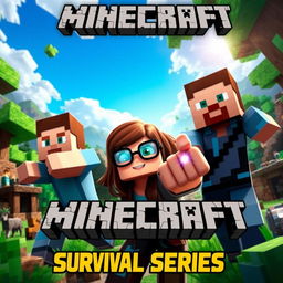 A captivating thumbnail for a Minecraft survival series featuring three characters: two men and one woman wearing glasses