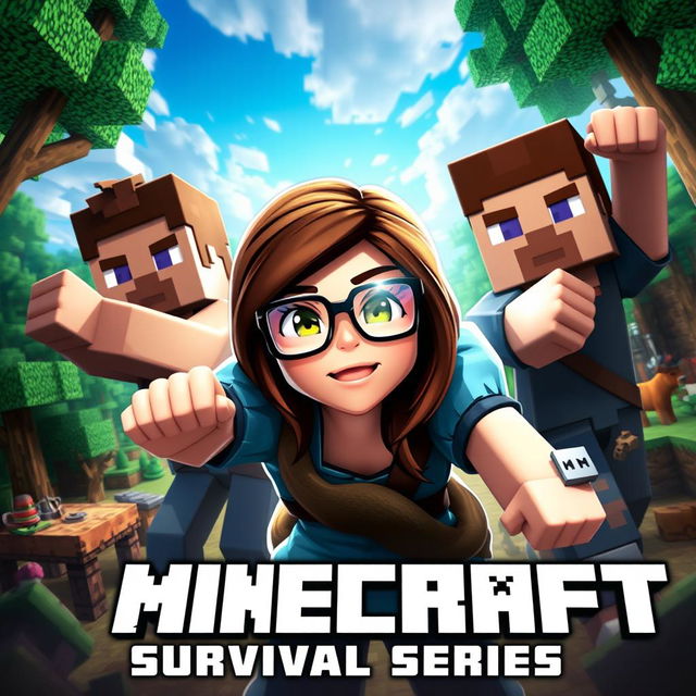 A captivating thumbnail for a Minecraft survival series featuring three characters: two men and one woman wearing glasses