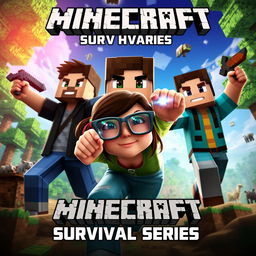 A captivating thumbnail for a Minecraft survival series featuring three characters: two men and one woman wearing glasses