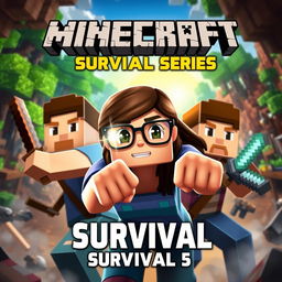 A captivating thumbnail for a Minecraft survival series featuring three characters: two men and one woman wearing glasses