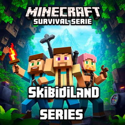 A captivating thumbnail for a Minecraft survival series titled 'Skibidiland' featuring three characters: two men and one woman