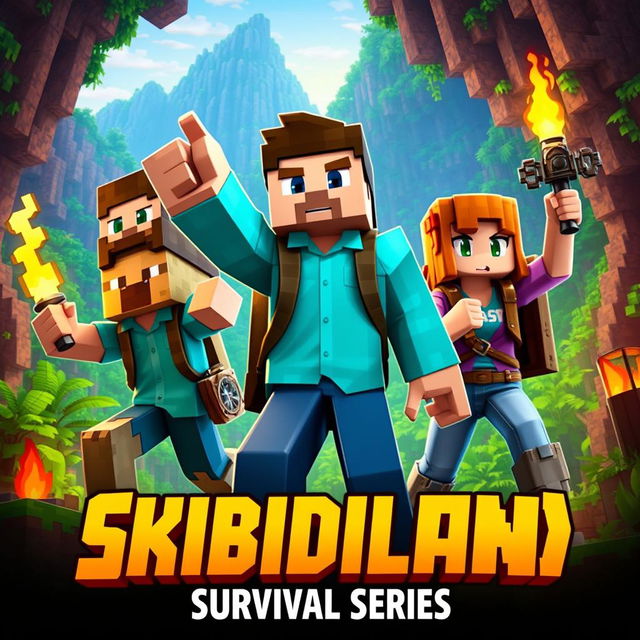 A captivating thumbnail for a Minecraft survival series titled 'Skibidiland' featuring three characters: two men and one woman