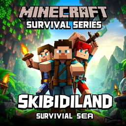 A captivating thumbnail for a Minecraft survival series titled 'Skibidiland' featuring three characters: two men and one woman