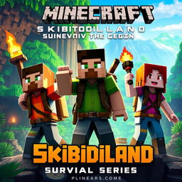 A captivating thumbnail for a Minecraft survival series titled 'Skibidiland' featuring three characters: two men and one woman