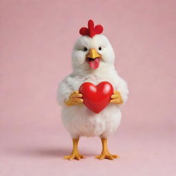 A charming, endearing chicken holding a vibrant, red heart